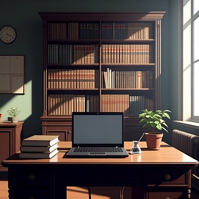 Cozy Wooden Desk with Laptop and Bookshelf