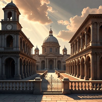 Grand Cathedral Courtyard with Sun Rays