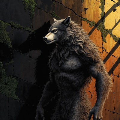 Werewolf standing against mossy wall