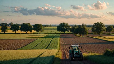 Green Tractor Plowing Fields at Sunset