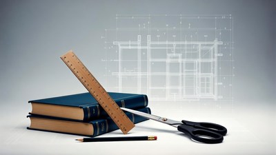 School supplies on blueprint background