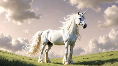 White unicorn standing on grassy hill