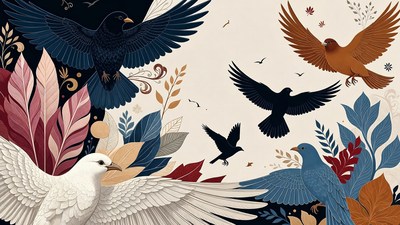 Colorful Birds Flying in Floral Illustration