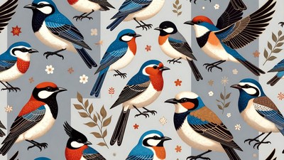 Colorful Blue Birds Pattern Illustration