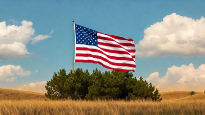 American flag waving over prairie