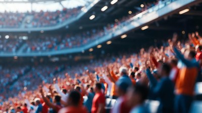 Crowd cheering with raised hands in stadium