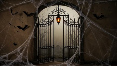 Open Gothic Gate with Lantern and Bats