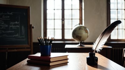 Vintage Classroom Desk with Quill and Globe