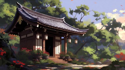 Japanese shrine in autumn forest