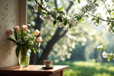 Pink tulips and coffee by window