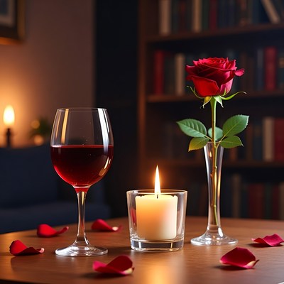 Red Wine Glass Candle Rose Petals