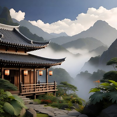 Japanese Temple in Misty Mountains