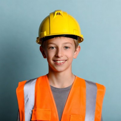 Boy wearing yellow hard hat and vest