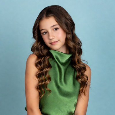 Girl in green satin top
