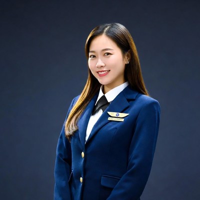 Asian woman in blue flight attendant uniform