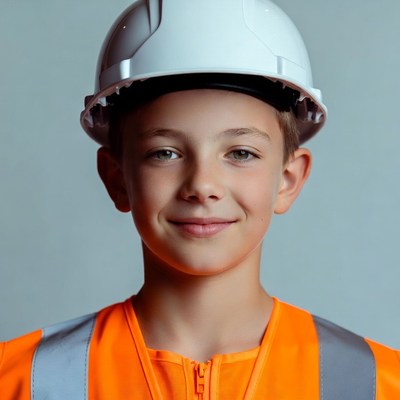 Boy wearing hard hat and vest