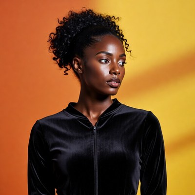 Black woman in black velvet jacket