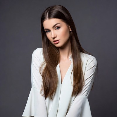 Woman in white blouse with long brown hair