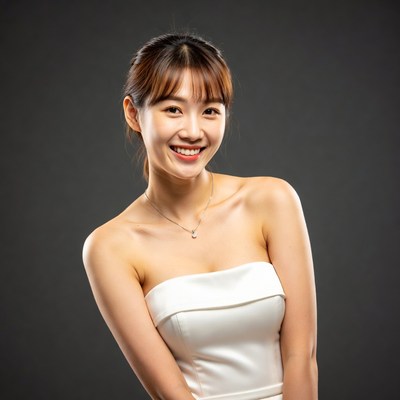 Asian woman smiling in white strapless dress