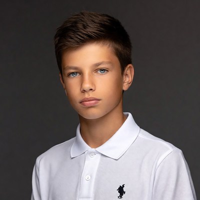 Young boy in white polo shirt