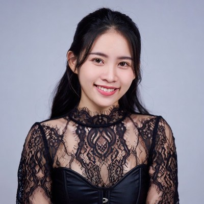 Asian woman in black lace dress