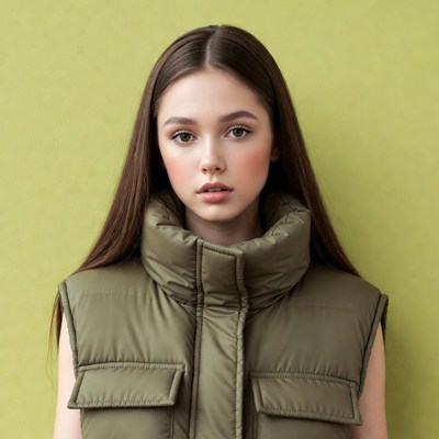 Young woman in green puffer vest