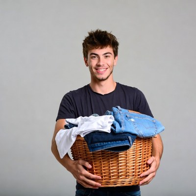Young man holding laundry basket