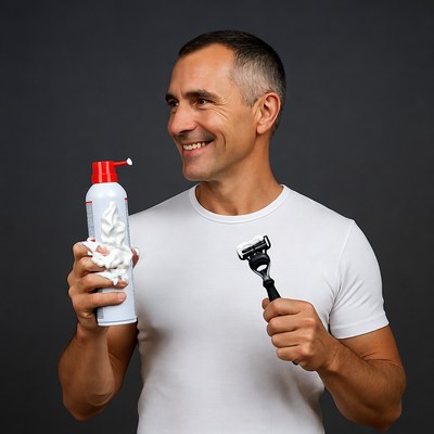 Man holding shaving cream and razor