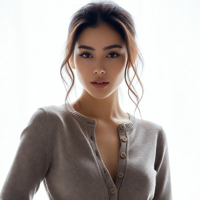 Asian woman in gray cardigan
