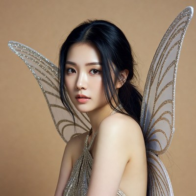Asian woman with glittery fairy wings