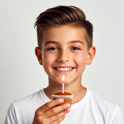 Boy holding birthday cupcake with candle
