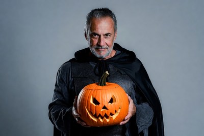 Man holding carved pumpkin in cloak