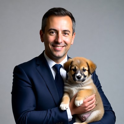 Man holding cute puppy