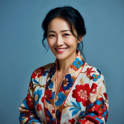 Asian woman in embroidered kimono