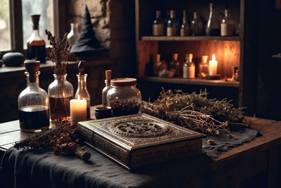 Witchcraft Altar with Potion Bottles and Book