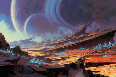 Alien Landscape with Planets and Crystals