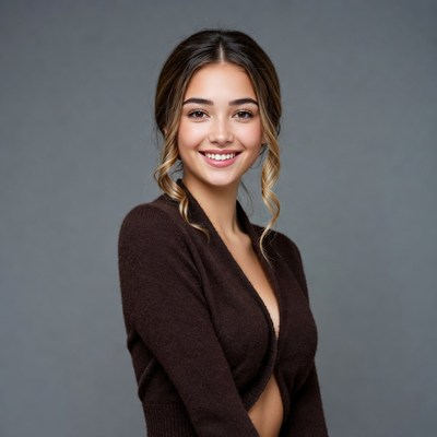 Smiling woman in brown wrap sweater
