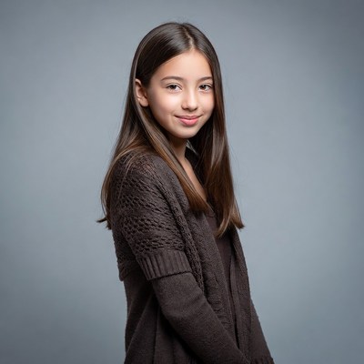 Asian girl smiling in brown cardigan