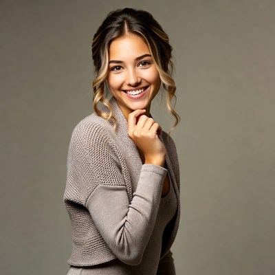 Smiling woman with hand on chin