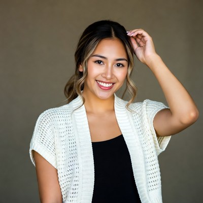 Asian woman touching hair smiling