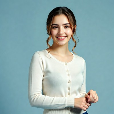 Smiling young woman in white cardigan
