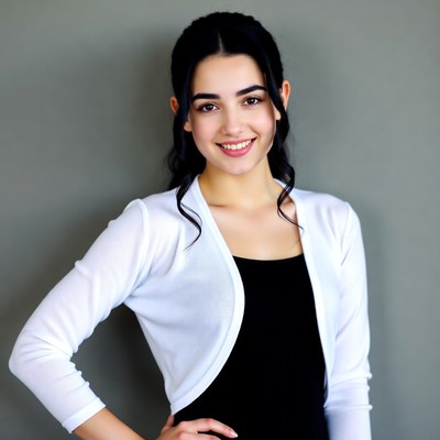 Smiling woman in white cardigan