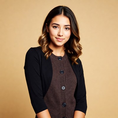 Smiling Latina woman in black cardigan