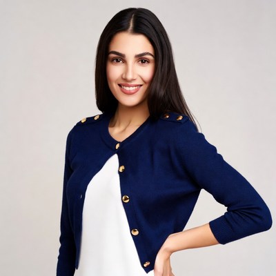 Smiling woman in navy cardigan