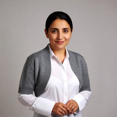 Smiling Middle Eastern woman in gray cardigan