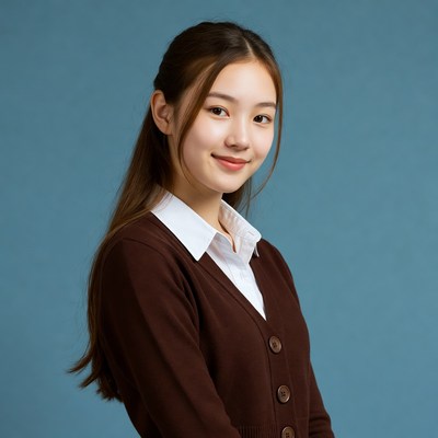 Asian woman in brown cardigan smiling