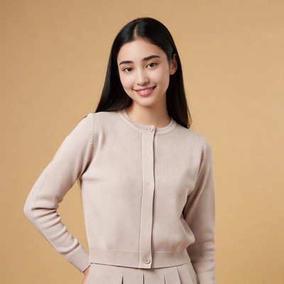 Asian woman in beige cardigan skirt