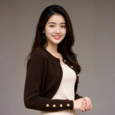 Asian woman smiling in brown cardigan