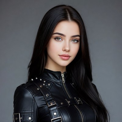 Woman in black leather jacket