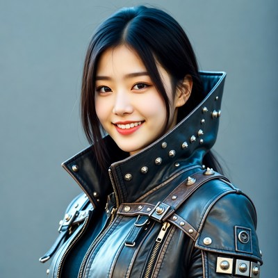 Asian woman in studded leather jacket
